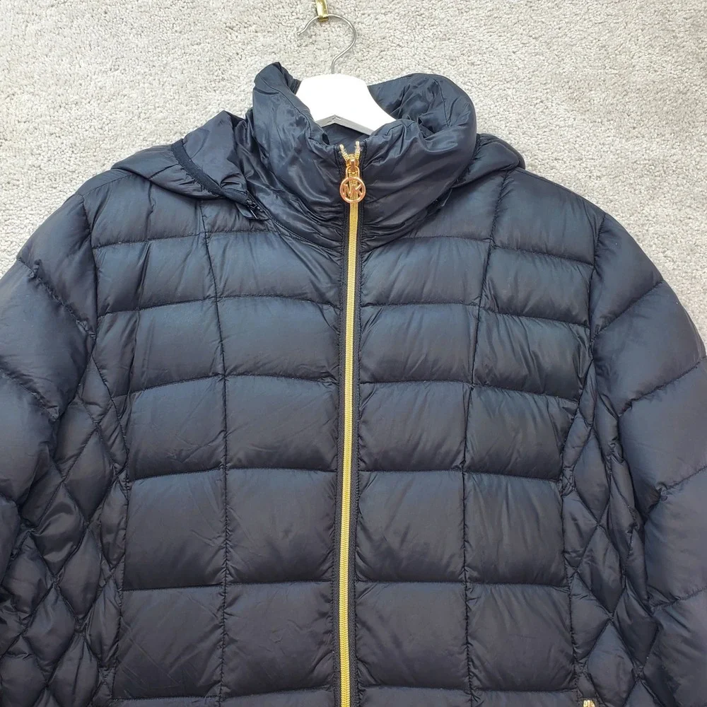Michael Kors Puffer Jacket Womens XL Black Packable Down Hooded Quilted